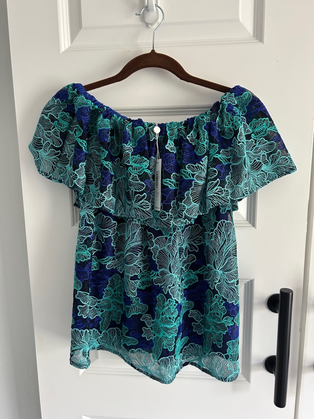 Trina Turk Off-Shoulder Floral Blouse in Teal & Navy Small